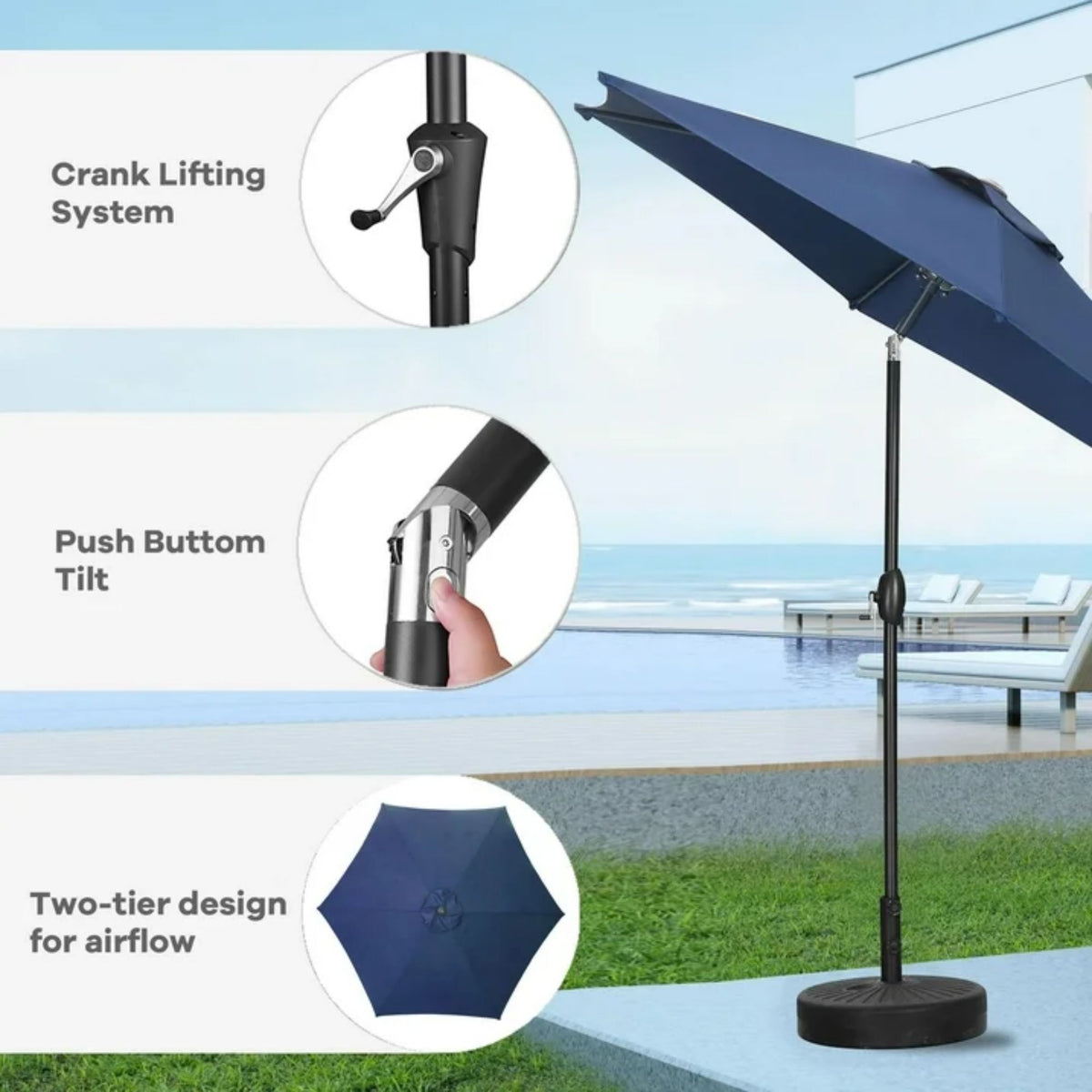 Zenova 9ft Patio Umbrella Outdoor Portable Table Market Umbrella with Push Button Tilt/Crank Waterproof UV-proof