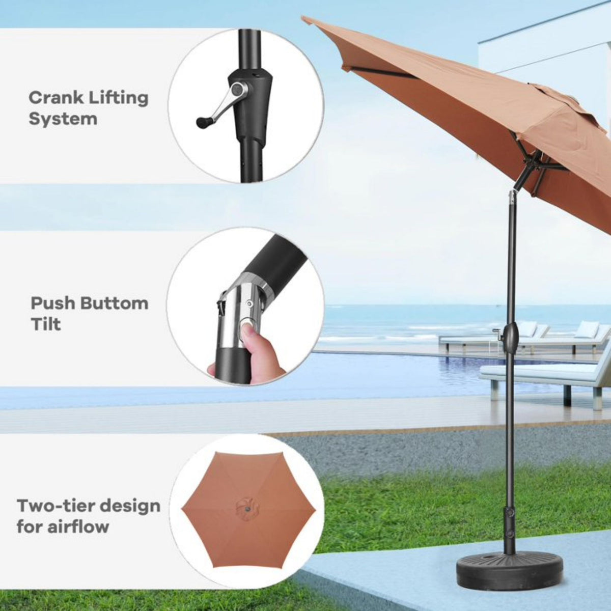 Zenova 9ft Patio Umbrella Outdoor Portable Table Market Umbrella with Push Button Tilt/Crank Waterproof UV-proof