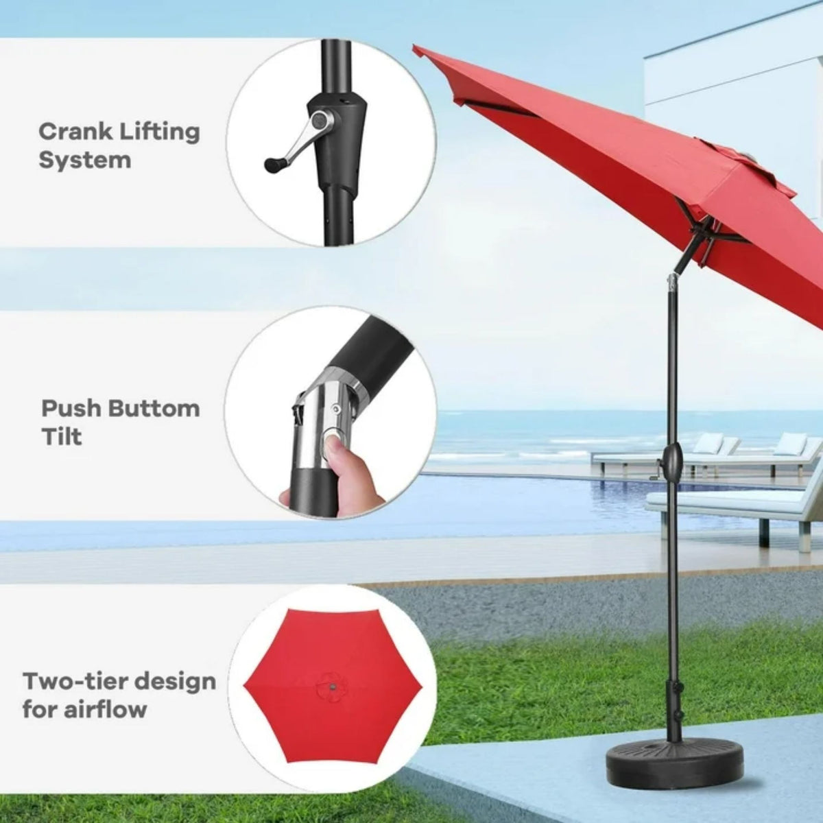 Zenova 9ft Patio Umbrella Outdoor Portable Table Market Umbrella with Push Button Tilt/Crank Waterproof UV-proof